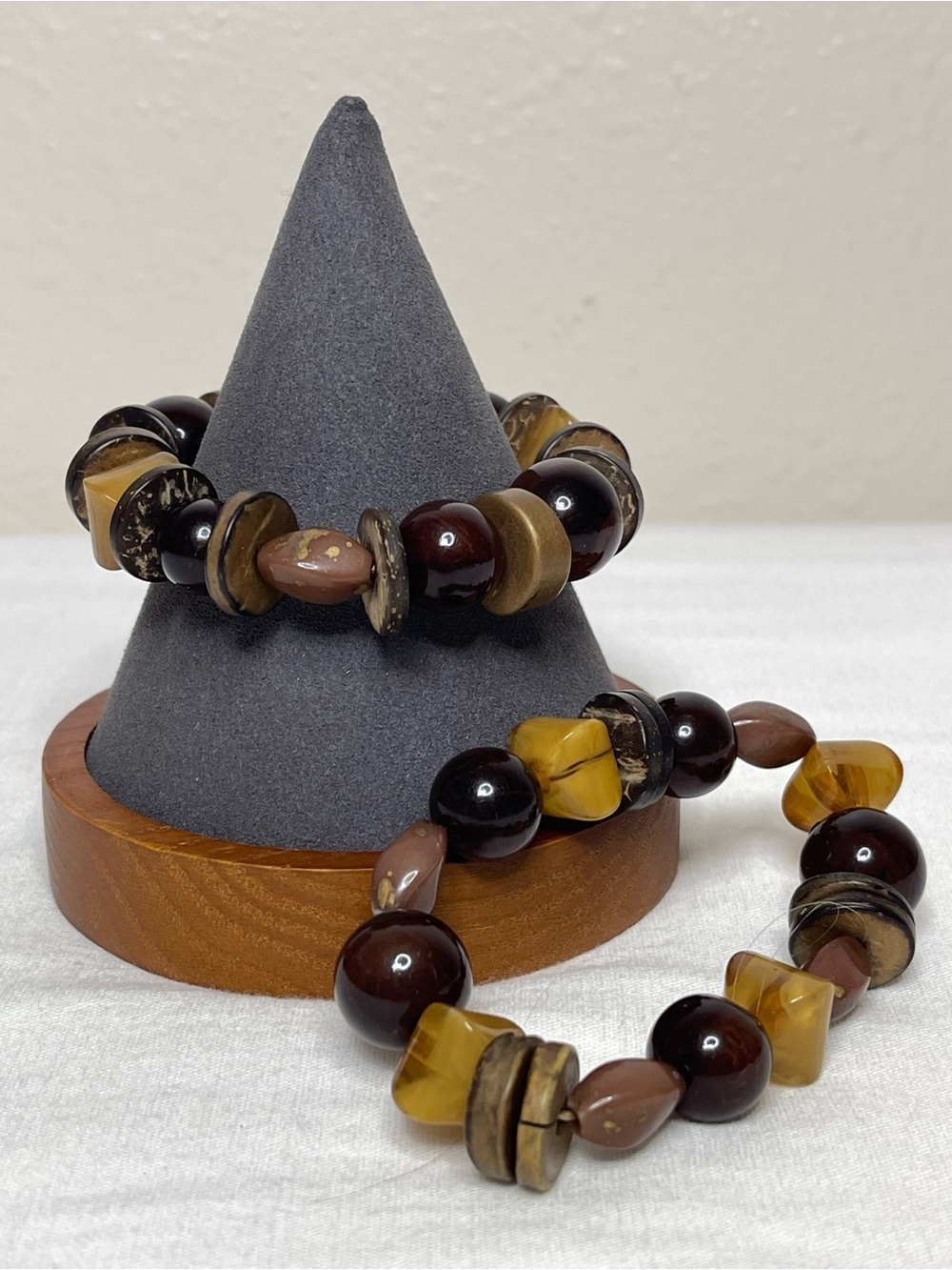 Chunky Brown and Amber and Gold Tone Beaded Bracelet Set